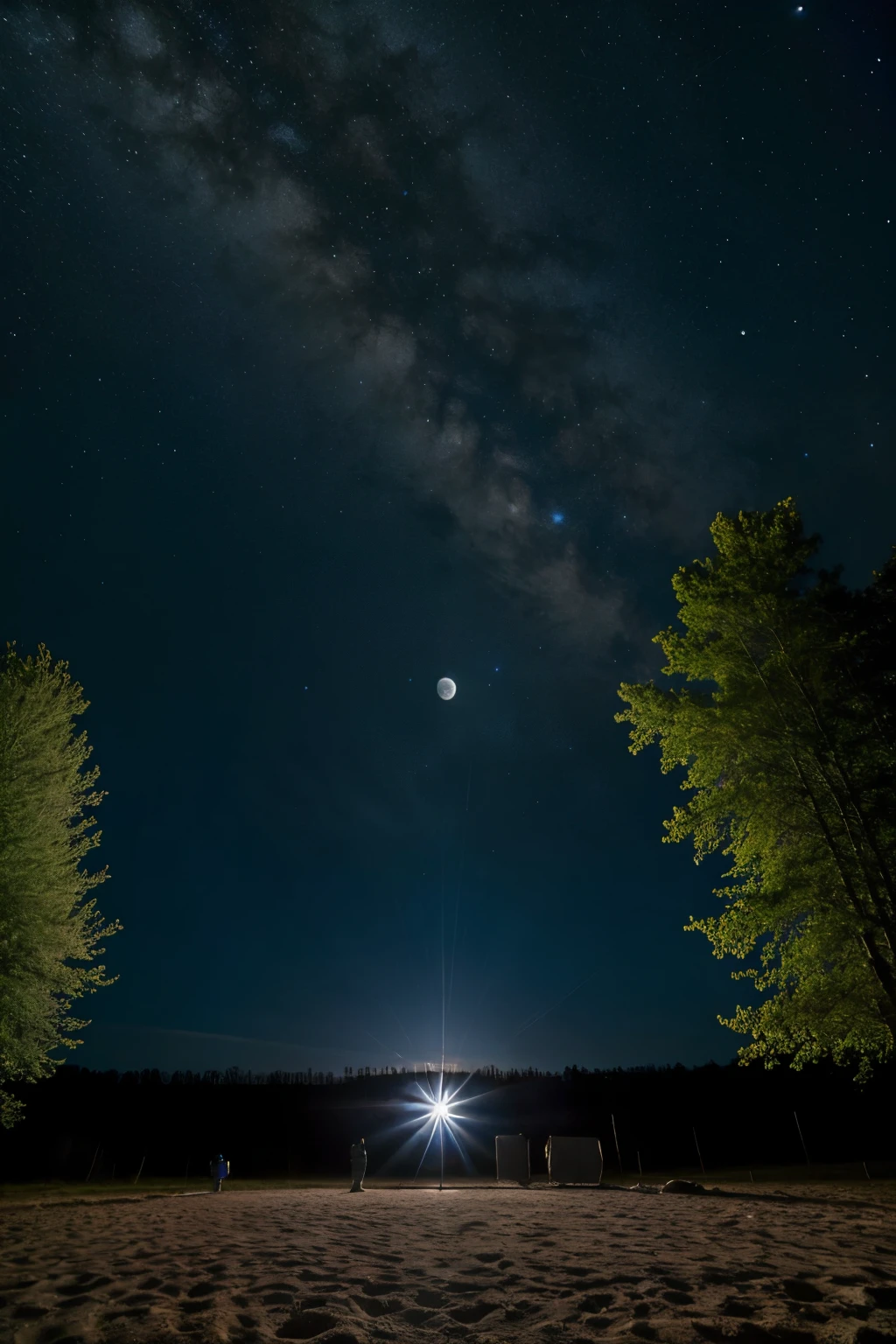 ((Best quality)), ((masterpiece)), (detailed), moonlight landscape, scientific station, three people in spacesuits working outside. The blue Earth is visible far in the sky. The sun is not visible in the frame!!! There are no trees, dark sky!