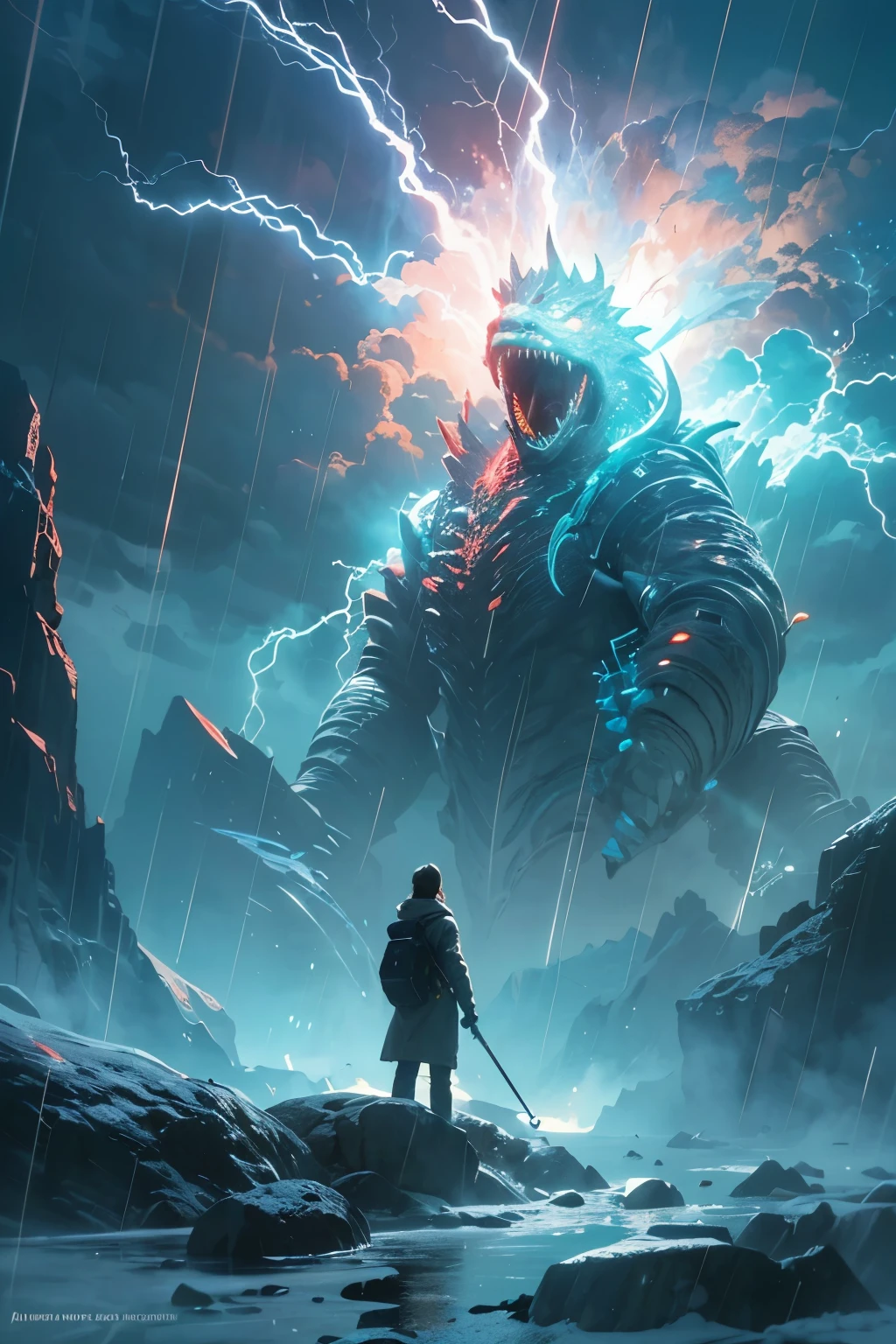 A very detailed painting, ice world, Depicts a man have a weapon on a hill gazing at a giant alien monster lightning rain breath, author:Shinkai Makoto, By Art Jem, From Wlop, author:Greg Rutkowski, Volumetric Lighting, Octane Rendering, 4K resolution, Popular on artstation, masterpiece ,flame magic,
Meteor shower