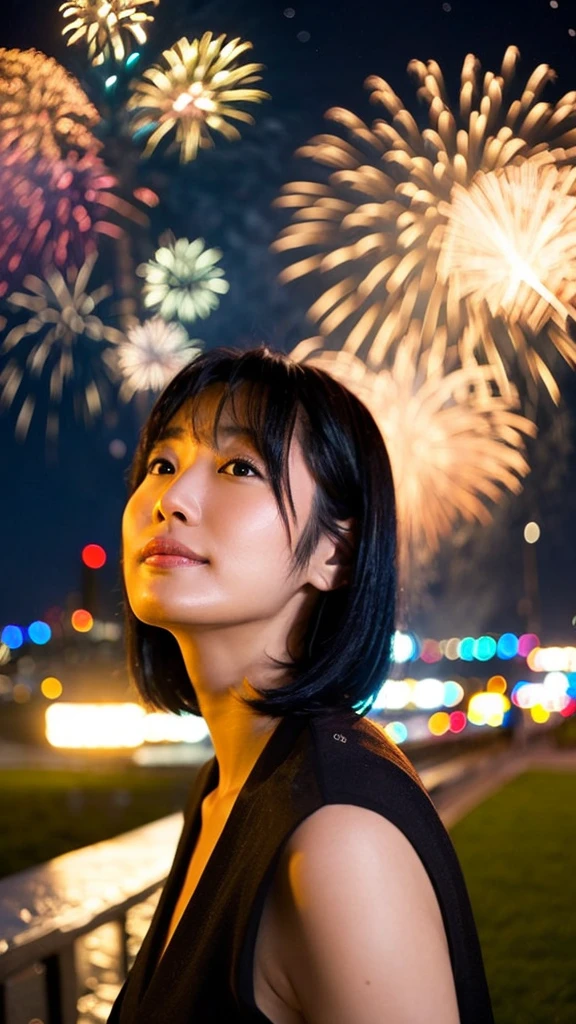 40-year-old Japanese woman with black bob hair Real fireworks Summer vacation Night sky Side angle

