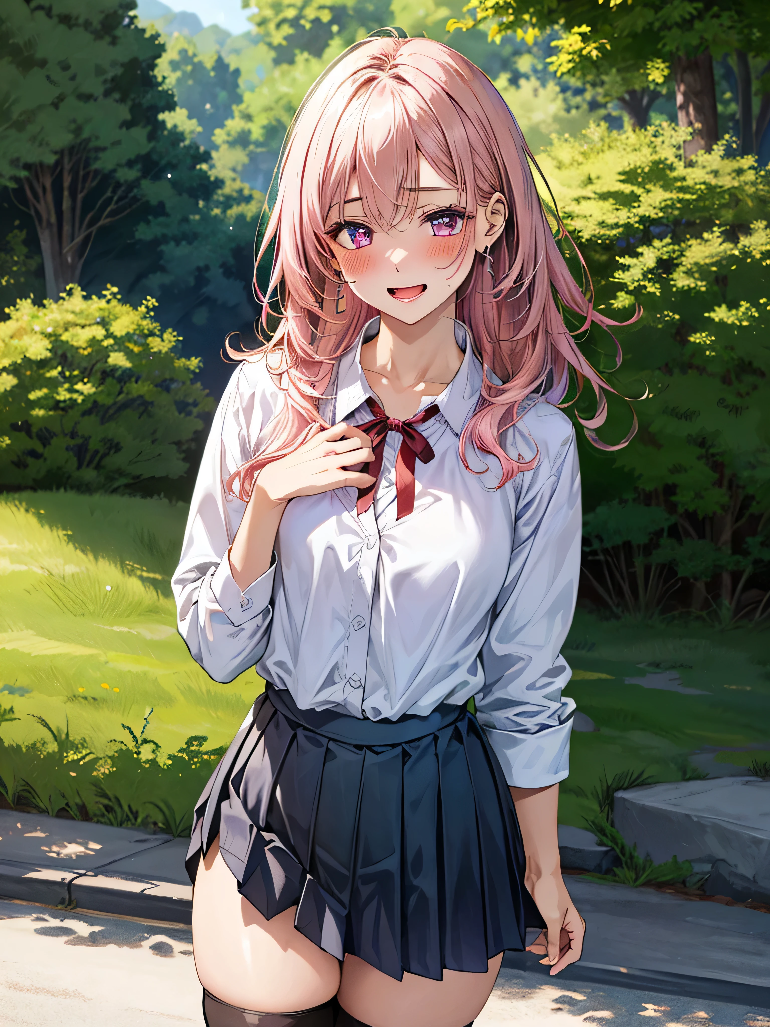 (masterpiece:1.3, top-quality, ultra high res, ultra detailed), (realistic, photorealistic:1.4), beautiful illustration, wearing knit sweater & miniskirt, (Flirtingly lifting her skirt to show her panties:1.3),perfect lighting, natural lighting, colorful, depth of fields, surrealism, (embarrassed,blush:1.3),
beautiful detailed hair, beautiful detailed face, beautiful detailed eyes, beautiful clavicle, beautiful body, beautiful chest, beautiful thigh, beautiful legs, beautiful fingers, shiny skin,
looking at viewer, 1 girl, japanese, high school girl, (perfect anatomy, anatomically correct, super detailed skin), cute and symmetrical face, babyface, perfect face, perfect eyes,
(middle hair, two side up, pink hair), crossed bangs, purple eyes, drooping eyes, big eyes, long eyelashes, (large breasts, seductive thighs, skindentation), slender, outstanding style,
((detailed cloth texture, white collared shirt, blue pleated skirt, dark red neck ribbon), black thigh-highs, loafer),
(beautiful scenery), late afternoon,hands on chest, (lovely smile, upper eyes, open mouth small),