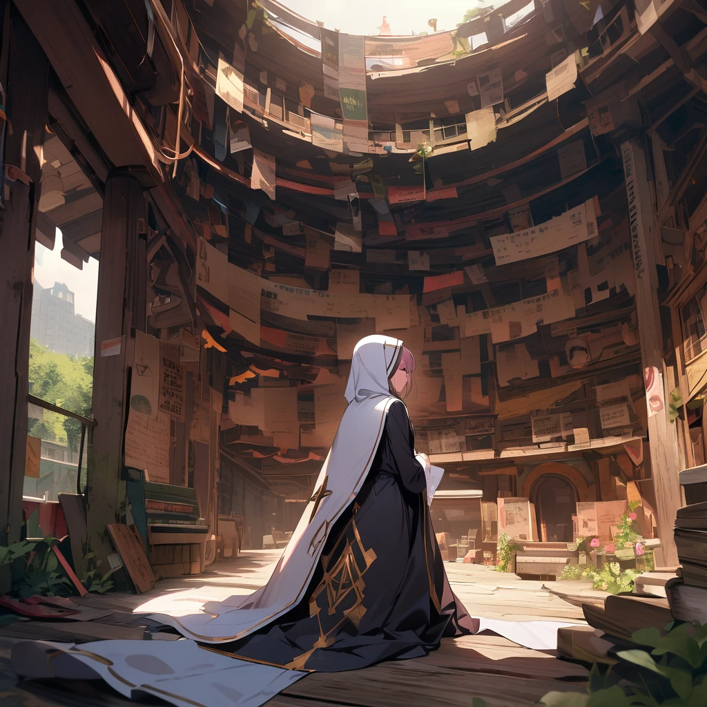 White nun, poison, many arms, underground shelter, detailed background, detailed writing, 4k, UHD, absurd, ultra quality, masterpiece,