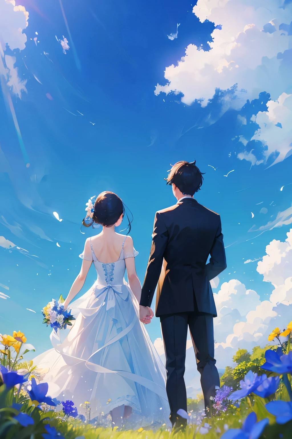 Back view, Overlooking, Ultra Wide Angle, Aperture F2.8, blue sky　Male and female couple　flower
