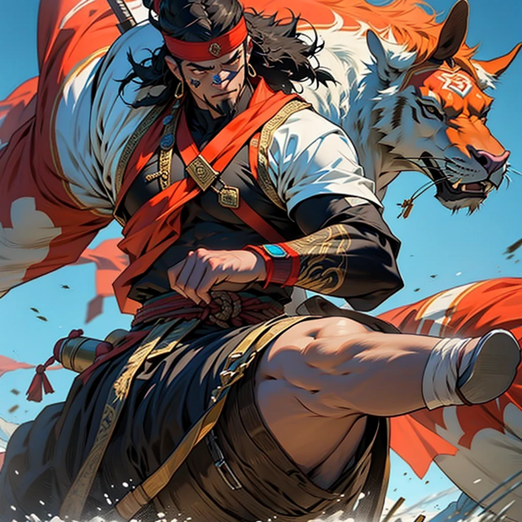 Mongol chief，Fierce，muscle，Big Axe，strong，Riding a horse，battlefield，grassland，banner，Hack and Slash Action，32K