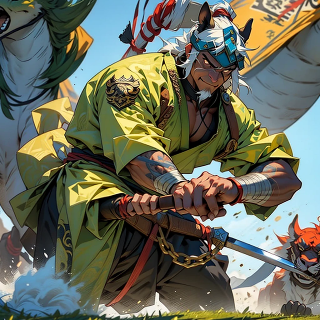 Mongol chief，Fierce，muscle，Big Axe，strong，Riding a horse，battlefield，grassland，banner，Hack and Slash Action，32K