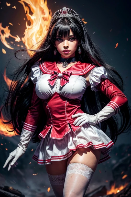 1 bimbo girl,huge breasts, long hair, (high quality,8 K,black hair, realistic, Best quality,masterpiece,Ultra detailed, absurdity)1.5,((SAMA1, tiara, sailor-senshi uniform, White gloves, red sailor collar, Red dress)),night city,White gloves,purple bow,Purple eye, (Magic world,fire),high heels,