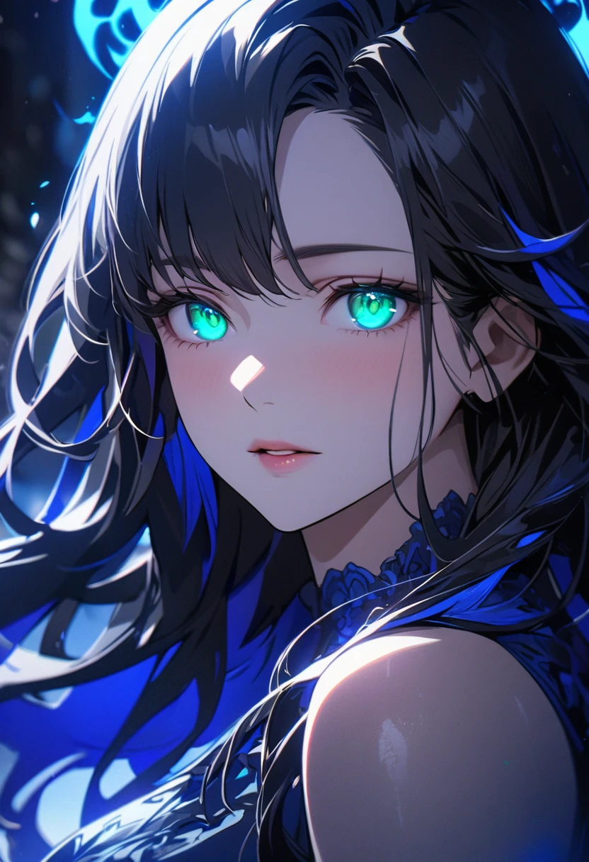art wallpaper 4k, , detailed , beautiful woman, mature, black hair, blue aura, pretty, beautiful color, girl, black hair, long hair, green eyes, ,blue hair ornament pretty, blue dress ,beautiful eyes, mature, super detail, beautiful color, macro picture, blue aura, smooth hair, adult, glowing eyes