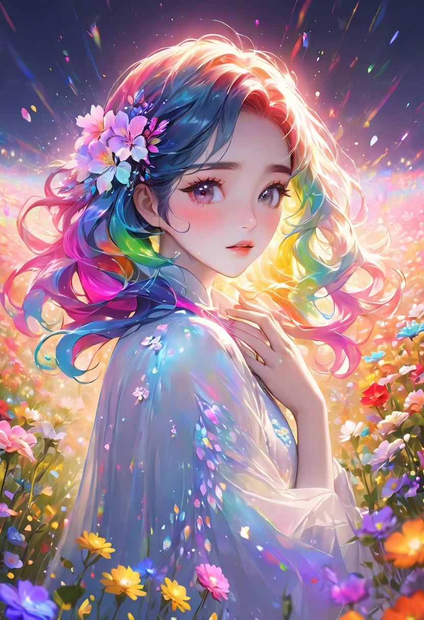 Masterpiece, high resolution, beautiful girl, rainbow hair, transparent flowers close to face with both hands, fantastic flower field, night, Korean style makeup, mature, older sister, eye makeup