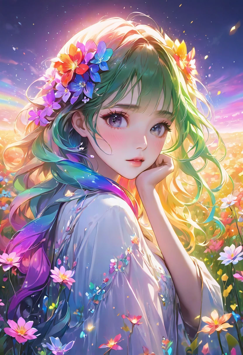 Masterpiece, high resolution, beautiful girl, rainbow hair, transparent flowers close to face with both hands, fantastic flower field, night, Korean style makeup, mature, older sister, eye makeup