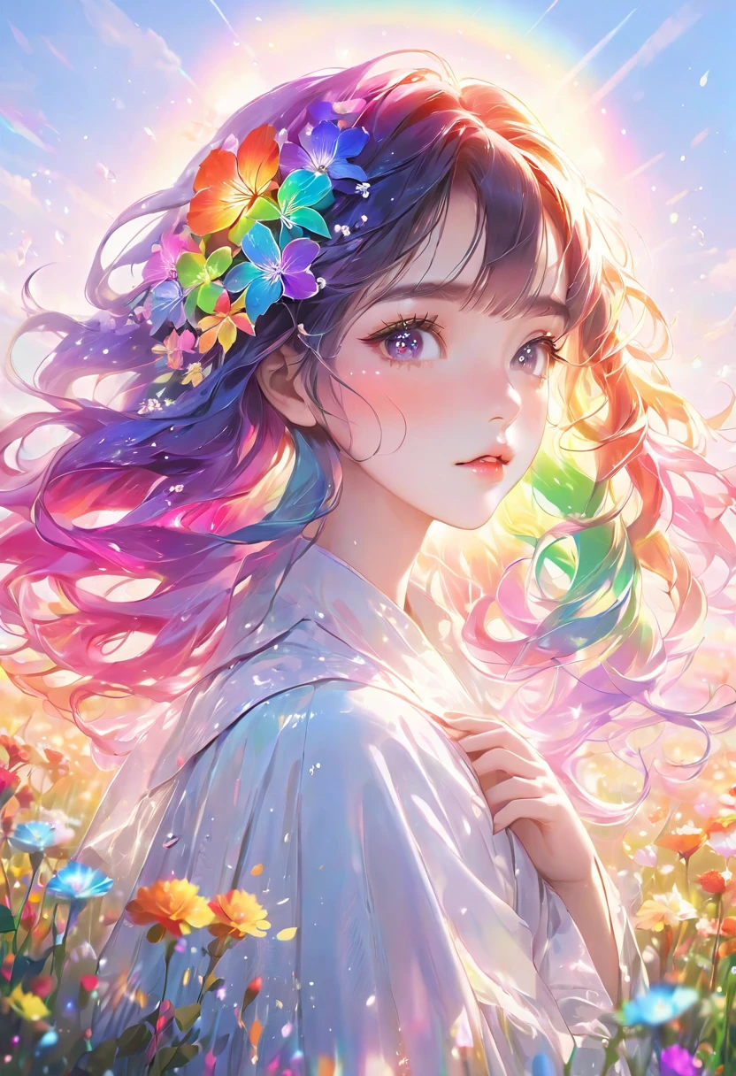 Masterpiece, high resolution, beautiful girl, rainbow hair, transparent flowers close to face with both hands, fantastic flower field, night, Korean style makeup, mature, older sister, eye makeup