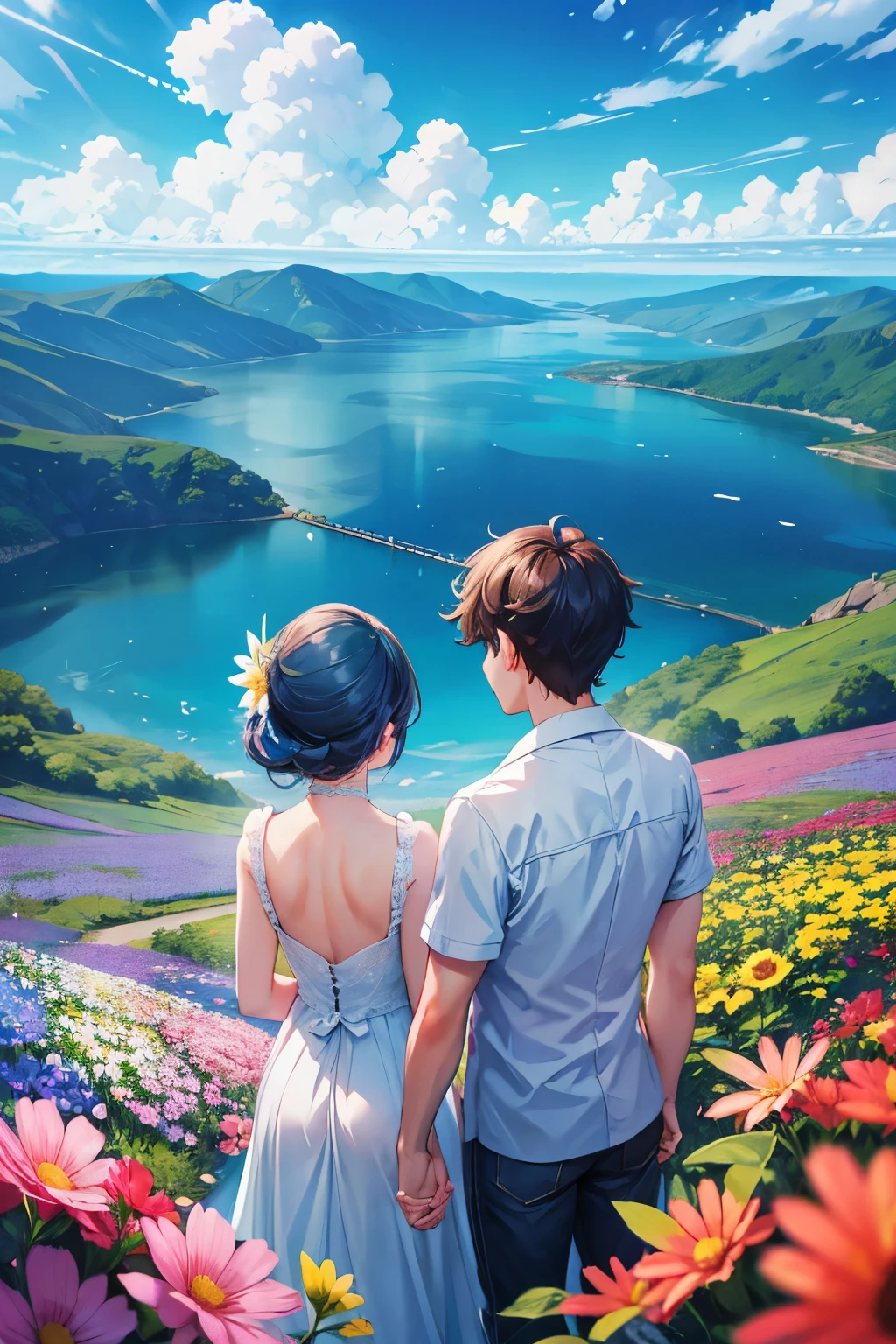 Back view, Overlooking, Ultra Wide Angle, Aperture F2.8, blue sky　Male and female couple　flower