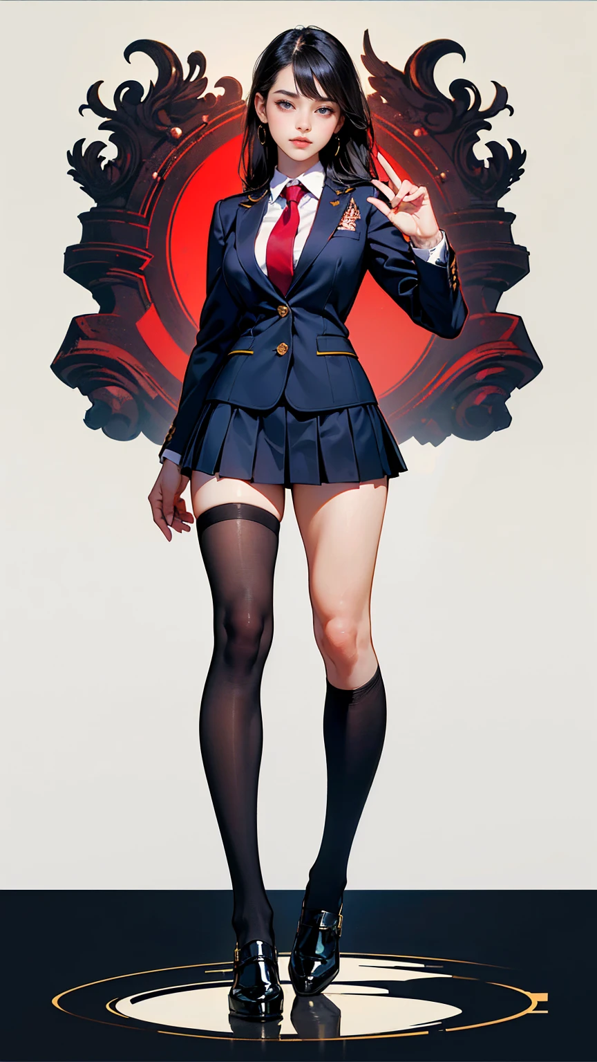 ((best quality,4k,highres,masterpiece:1.2)),((character concept art)), 1 female, age 18. Known for her youthful charm and unwavering determination, Her body language is as modest as her personality, always exuding a sense of innocence and resilience. ((She is dressed in a prestigious Tokyo high school uniform)), (((The uniform includes a tailored navy blazer with the school crest on the chest, a necktie, a white blouse with a Peter Pan collar underneath that compliment her natural E-cup breasts, a pleated maroon skirt that emphasizing her figure))). (((She enhances her look with Sheer black stockings and black leather oxford shoes))), carrying her ensemble with an air of subtle confidence. Her accessories are minimal, reflecting her simple lifestyle at this age. ((intricate detail)), super finely detailed hands, ultra finely detailed fingers(((ten fingers))), (standing confidently), (full body showcase), (show full body), (no logos on background), (no logo), ((plain background)), ((plain background)), (((empty background))).