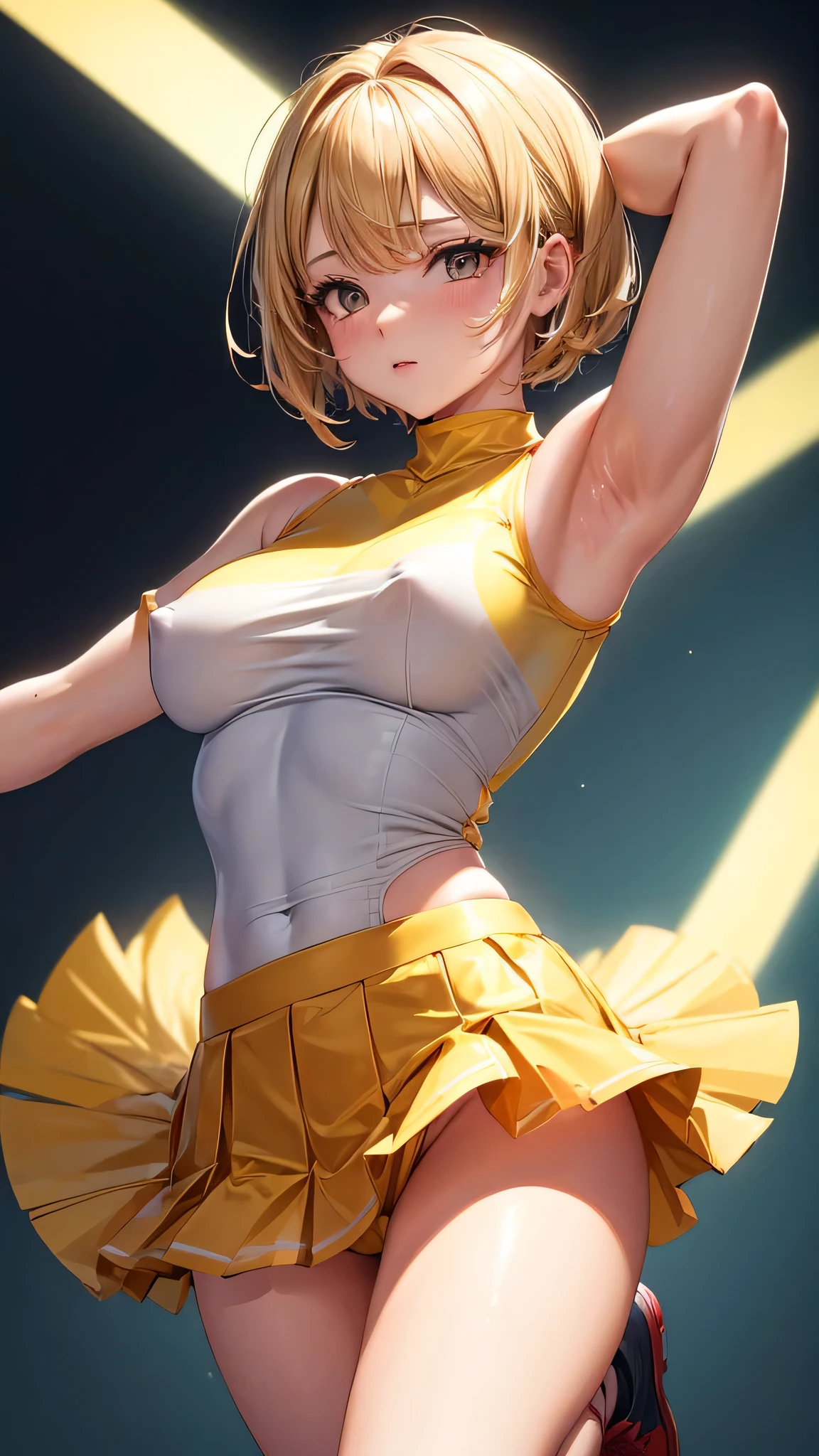 (masterpiece, highest quality, ultra high res, ultra detailed:1.3), 1 cute girl, ideal ratio body proportions, blonde short hair, cheerleader costume, (red pleated mini skirt:1.2), clothes covered nipples, (yellow panties:1.3), cameltoe, 