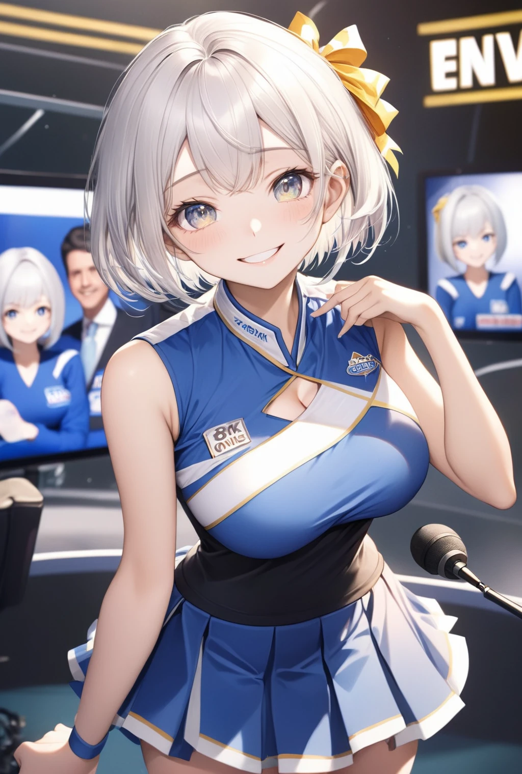 (Highest quality, 8k, 32K, masterpiece, Ultra-high resolution,:1.2),born, One girl,Super cute , Natural light,Clear, shining eyes, 20-year-old ,Fair skin, Silver hair, Fantasy background like a news studio,Slanted Eyes, , An innocent smile, Grinning short hair, Large Breasts, announcer, news caster, Cheerleader
