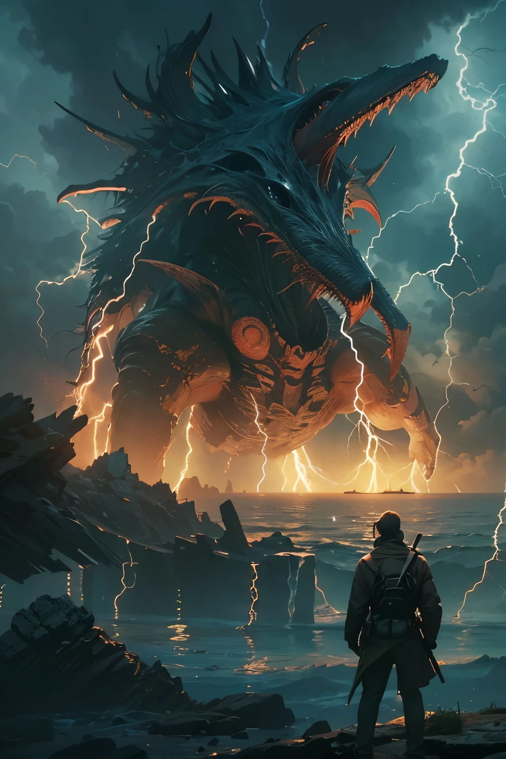 A very detailed painting， world under the sea, Depicts a man　have a weapon on a hill gazing at a giant alien monster lightning rain breath, author：Shinkai Makoto, By Art Jem, From Wlop, author：Greg Rutkowski, Volumetric Lighting, Octane Rendering, 4K resolution, Popular on artstation, masterpiece ,flame magic