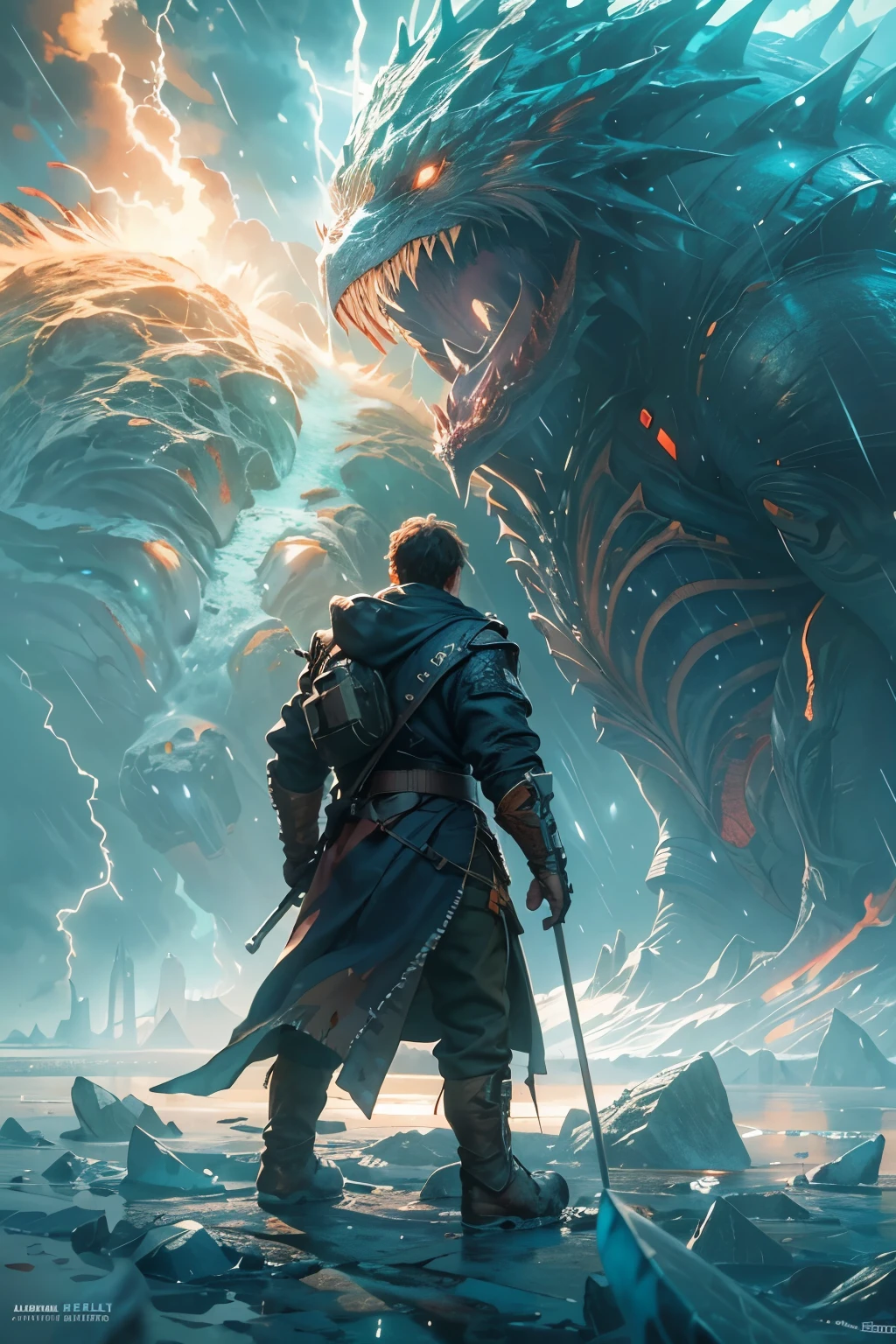 A very detailed painting, ice world, Depicts a man have a weapon on a hill gazing at a giant alien monster lightning rain breath, author:Shinkai Makoto, By Art Jem, From Wlop, author:Greg Rutkowski, Volumetric Lighting, Octane Rendering, 4K resolution, Popular on artstation, masterpiece ,flame magic