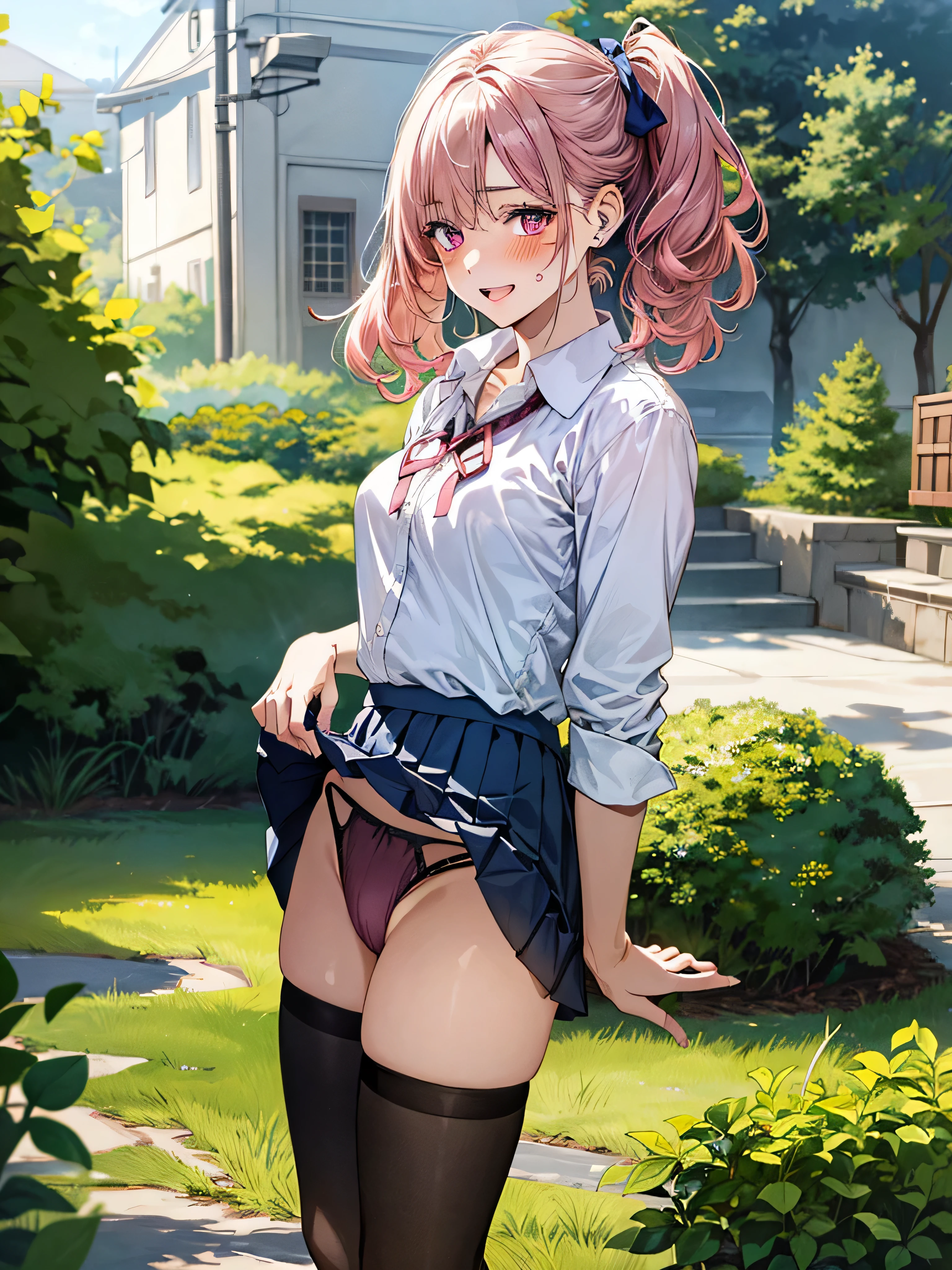 (masterpiece:1.3, top-quality, ultra high res, ultra detailed), (realistic, photorealistic:1.4), beautiful illustration, wearing knit sweater & miniskirt, (Flirtingly lifting her skirt to show her panties:1.3),perfect lighting, natural lighting, colorful, depth of fields, surrealism,  (embarrassed,blush:1.3),
beautiful detailed hair, beautiful detailed face, beautiful detailed eyes, beautiful clavicle, beautiful body, beautiful chest, beautiful thigh, beautiful legs, beautiful fingers, shiny skin, 
looking at viewer, 1 girl, japanese, high school girl, (perfect anatomy, anatomically correct, super detailed skin), cute and symmetrical face, babyface, perfect face, perfect eyes, 
(middle hair, two side up, pink hair), crossed bangs, purple eyes, drooping eyes, big eyes, long eyelashes, (large breasts, seductive thighs, skindentation), slender, outstanding style, 
((detailed cloth texture, white collared shirt, blue pleated skirt, dark red neck ribbon), black thigh-highs, loafer), 
(beautiful scenery), late afternoon,hands on chest, (lovely smile, upper eyes, open mouth small),