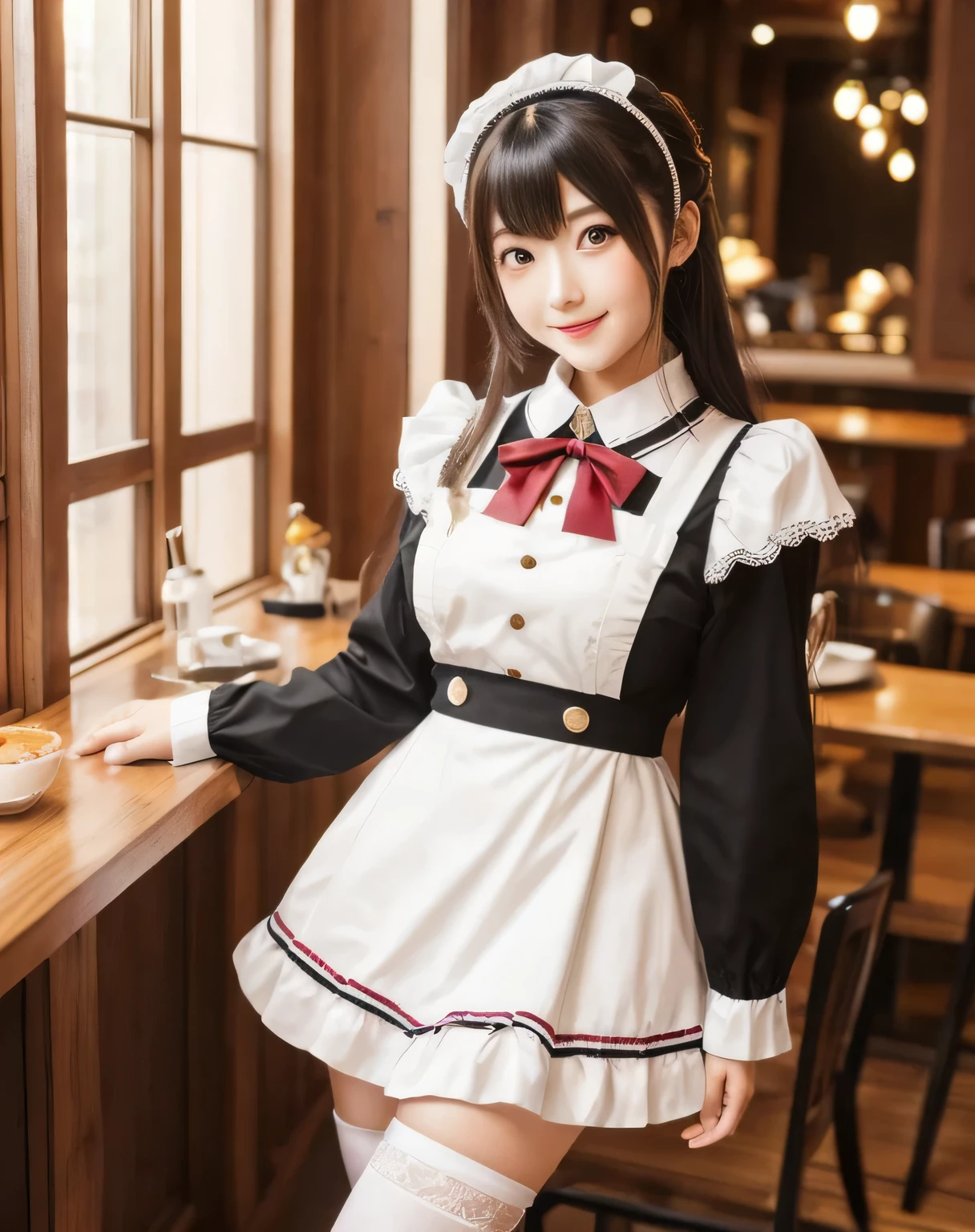 Photoshoot of a girl wearing a maid-cafe outfit and white knee-high socks, embodying a cosplay aesthetic. She is standing in a cozy cafe lounge with soft lighting that highlights her slim build and . Her parted lips and fair complexion add to her charming appearance. The scene features medium film grain, captured with a Canon 35mm lens at f/2.8. This full-body shot is highly detailed, showcasing her realistic skin tone and intricate details of her outfit. The ultra-detailed 8K UHD image ensures exceptional clarity, rendering every element, from the textures of the cafe setting to her smooth, radiant skin, with professional quality. Photographed by Shoichi Aoki.