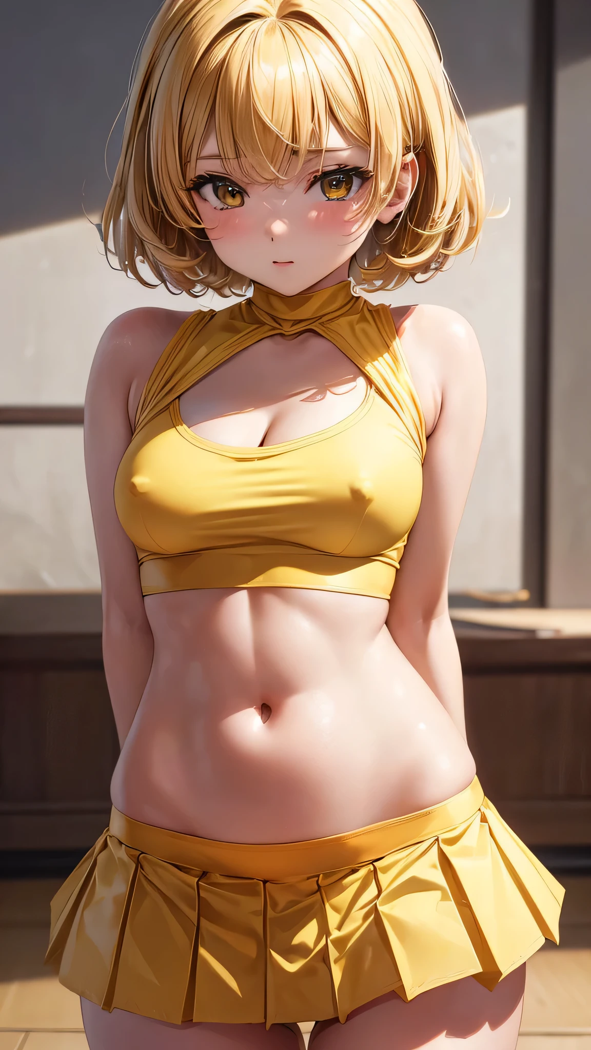 (masterpiece, highest quality, ultra high res, ultra detailed:1.3), 1 cute girl, ideal ratio body proportions, blonde short hair, cheerleader costume, (red pleated mini skirt:1.2), clothes covered nipples, (yellow panties:1.3), cameltoe, 