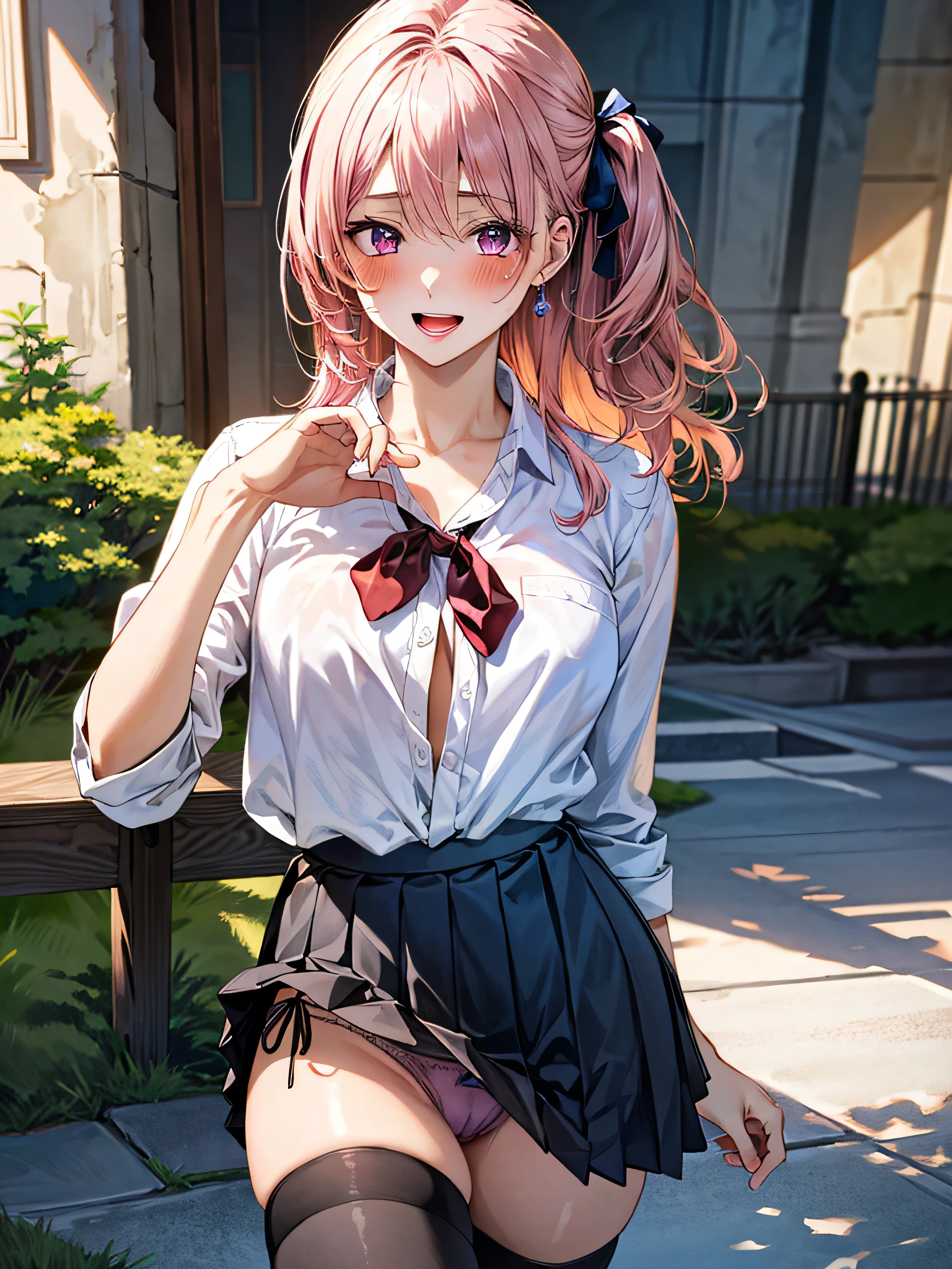 (masterpiece:1.3, top-quality, ultra high res, ultra detailed), (realistic, photorealistic:1.4), beautiful illustration, wearing knit sweater & miniskirt, (Flirtingly lifting her skirt to show her panties:1.3),perfect lighting, natural lighting, colorful, depth of fields, surrealism, (embarrassed,blush:1.3),
beautiful detailed hair, beautiful detailed face, beautiful detailed eyes, beautiful clavicle, beautiful body, beautiful chest, beautiful thigh, beautiful legs, beautiful fingers, shiny skin,
looking at viewer, 1 girl, japanese, high school girl, (perfect anatomy, anatomically correct, super detailed skin), cute and symmetrical face, babyface, perfect face, perfect eyes,
(middle hair, two side up, pink hair), crossed bangs, purple eyes, drooping eyes, big eyes, long eyelashes, (large breasts, seductive thighs, skindentation), slender, outstanding style,
((detailed cloth texture, white collared shirt, blue pleated skirt, dark red neck ribbon), black thigh-highs, loafer),
(beautiful scenery), late afternoon,hands on chest, (lovely smile, upper eyes, open mouth small),