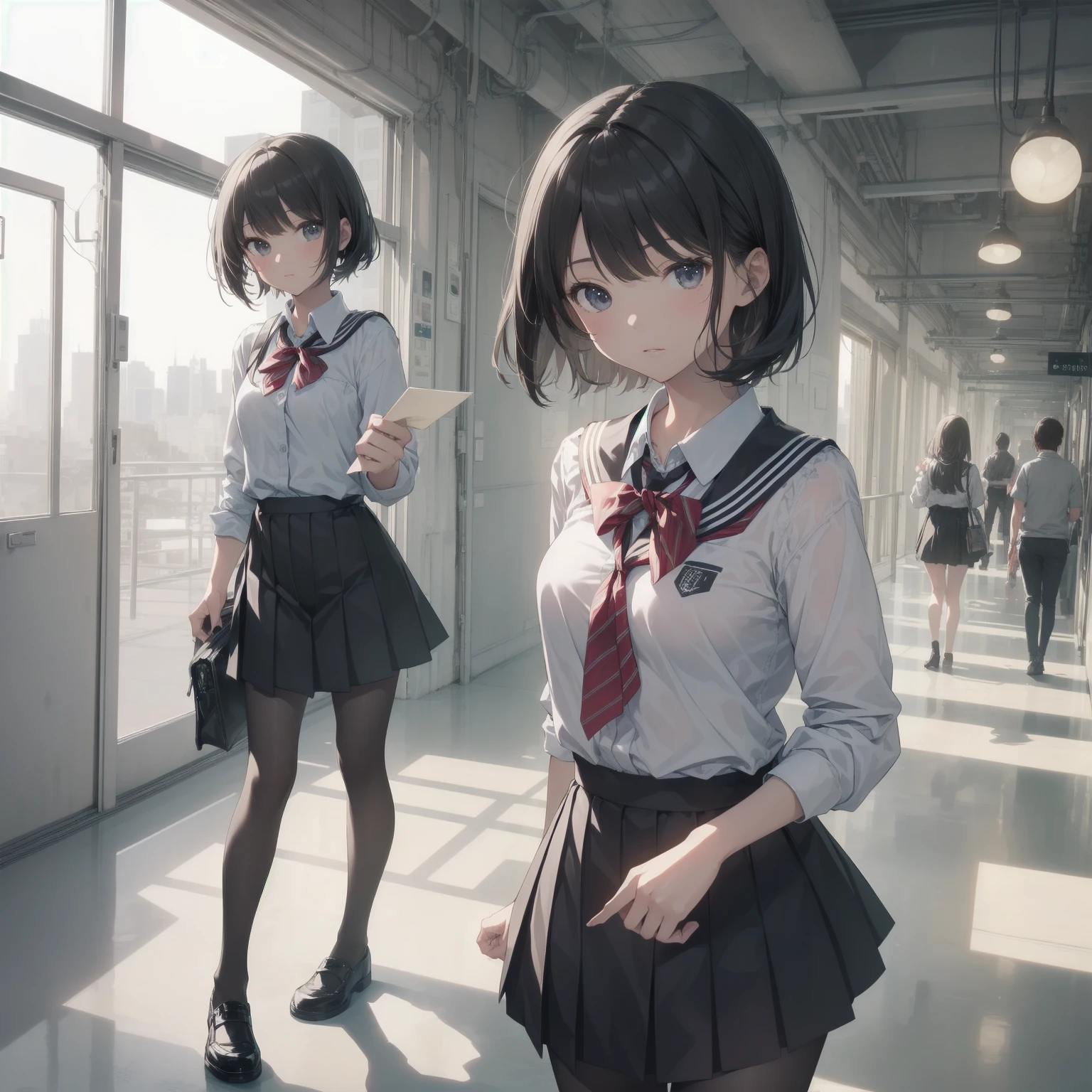 ultra-absurdres-Top quality by artist God, ultra-detailed, high resolution, anime moe artstyle, best anime 8k konachan wallpaper, pixiv contest winner, pool:2810, perfect anatomy,break, 1girl, (Please draw a girl walking sleepily to school alone. )break,(Solo,little female, 13-year-old:1.3),Full limbs, complete fingers,a junior high school student, (very short hair), short cut, flat chest, , small butt, small black eyes, beautiful detailed eyes, well-proportioned iris and pupils, expressive eyes, highres detailed hair, soft expression, salor school_uniform, sailor collar, serahuku, bow, pleated skirt,(Detailed Lighting), (Detailed background), in the School commute route. break,super detailed skin, Best cinematic lighting powered by famous artist, 8k,beauty illustration,photoshop_(medium),very aesthetic,break,((artist:nekotoufu )), artist:clamp ,artist:carnelian ,artist:kantoku ,