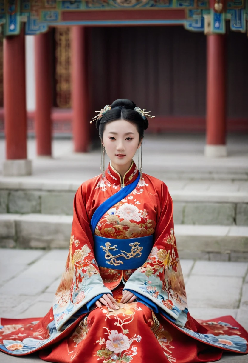 A woman seen from the front, sitting facing forward with her legs apart. A 20-year-old Qing dynasty empress in the Chinese imperial court during the Qing dynasty. The empress is wearing a red Manchu outfit with a floral pattern and is open at the front, revealing her chest, lower abdomen, thighs and feet.。She is wearing no underwear, and her large breasts are exposed, right down to her bare stomach. Her hair is tied up and pulled up, and the background is the stone pavement of the Chinese palace of the Qing Dynasty.