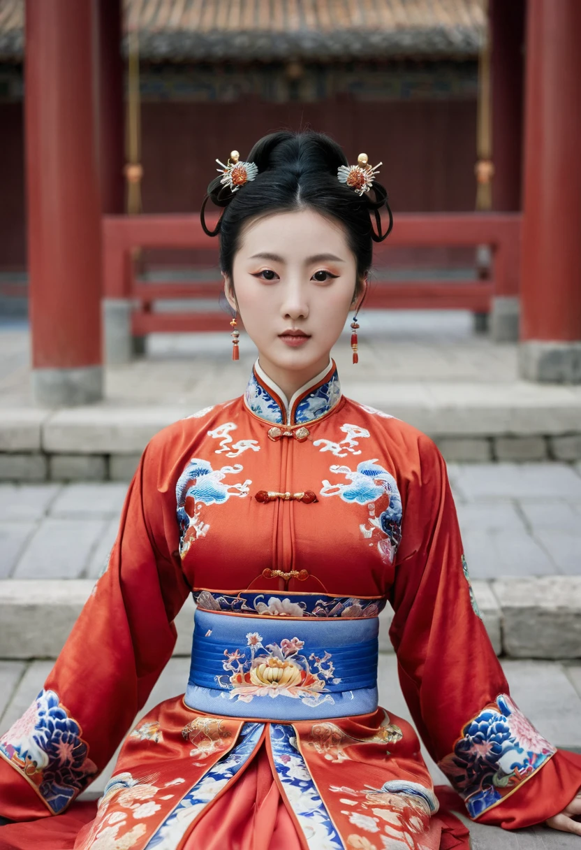 A woman seen from the front, standing facing forward, in the Chinese imperial court of the Qing dynasty, Empress of the Qing dynasty. The Chinese empress is wearing a red Manchu dress with a floral pattern and no crown, open at the front, showing her chest, stomach, thighs and feet. She is completely naked, showing her large breasts without underwear, and even her bare stomach. Her hair is tied up and pulled up, decorated with flashy large flowers and a hairpin, and the background is outside the Chinese imperial court of the Qing dynasty.