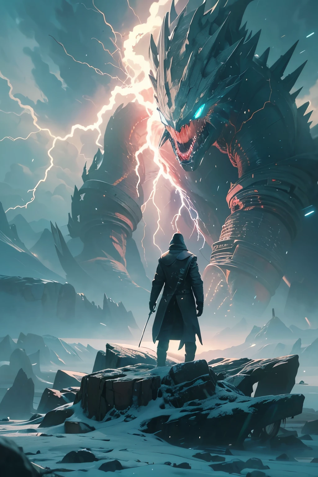 A very detailed painting， ice world, Depicts a man　have a weapon on a hill gazing at a giant alien monster lightning rain breath, author：Shinkai Makoto, By Art Jem, From Wlop, author：Greg Rutkowski, Volumetric Lighting, Octane Rendering, 4K resolution, Popular on artstation, masterpiece ,flame magic