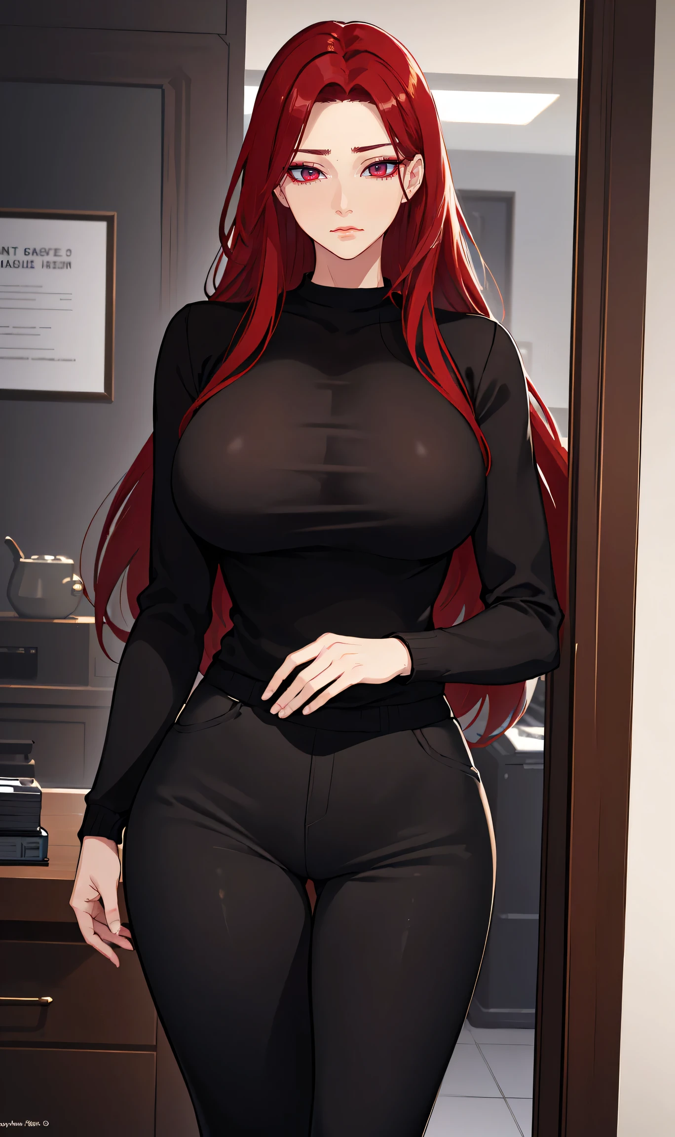 (Uhd, Masterpiece, Textured Skin, Super Detail, High Details, High Quality, Best Quality), Detailed Face, 1woman, mature pretty woman, Long red hair, (black sweater), (black pants), (Huge Body:1.5, tall), standing, (Low-sized breasts)