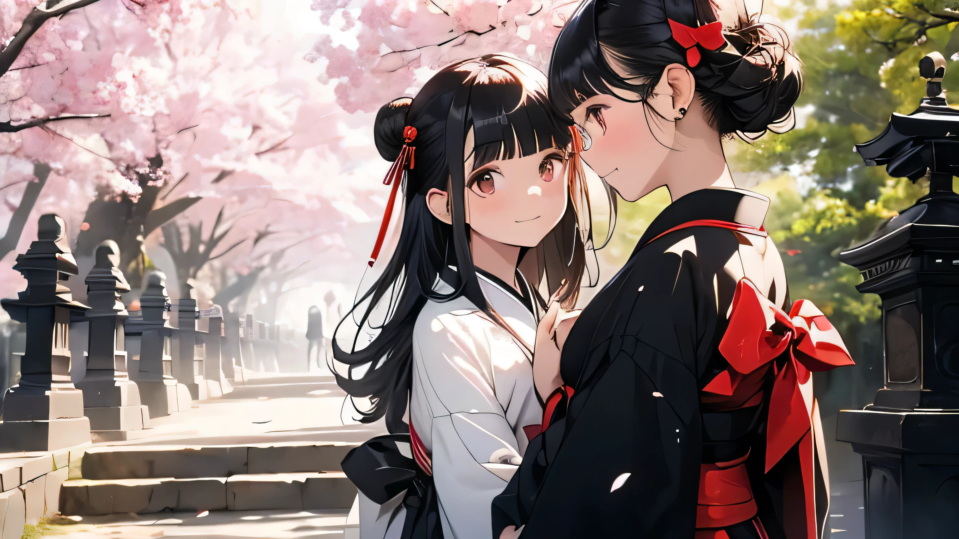 ((masterpiece,best quality)),2girls, black kimono, black legwear, black ribbon, black hair, cherry blossoms, day, flower, hair bun, hair ribbon, japanese clothes, kimono, long hair, looking at viewer, looking back, multiple girls, obi, outdoors, red eyes, red hair, ribbon, sandals, single hair bun, stairs, standing, statue, torii, tree, white kimono, yellow eyes