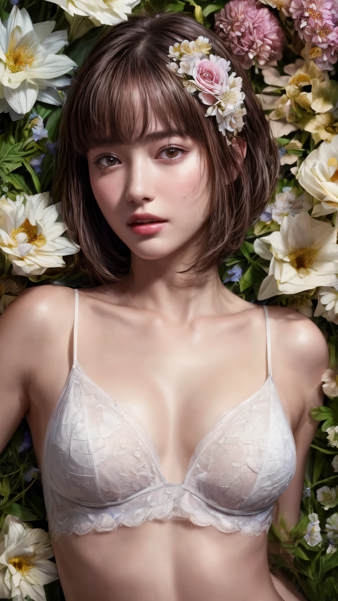 , ((Pearl White Lingerie))、(((masterpiece, Highest quality)), 1 girl, (Realistic: 1.4), alone, White color background, Dark brown hair, ((Blunt bangs))、princess_cut、short hair,smile、 ((whole body)), Very beautiful woman、Slender women、(Detailed face)、Realistic Skin、((Delicate photo)),(少女masterpieceRAW写真詳細:1.25), (Highest quality:1.6), (Ultra-high resolution:1.5), (Realistic:1.75),8k resolution, ,50mm,Absurd, Very detailed,Cinema Lighting、((((Lots of flowers))))、((Flower Art))、