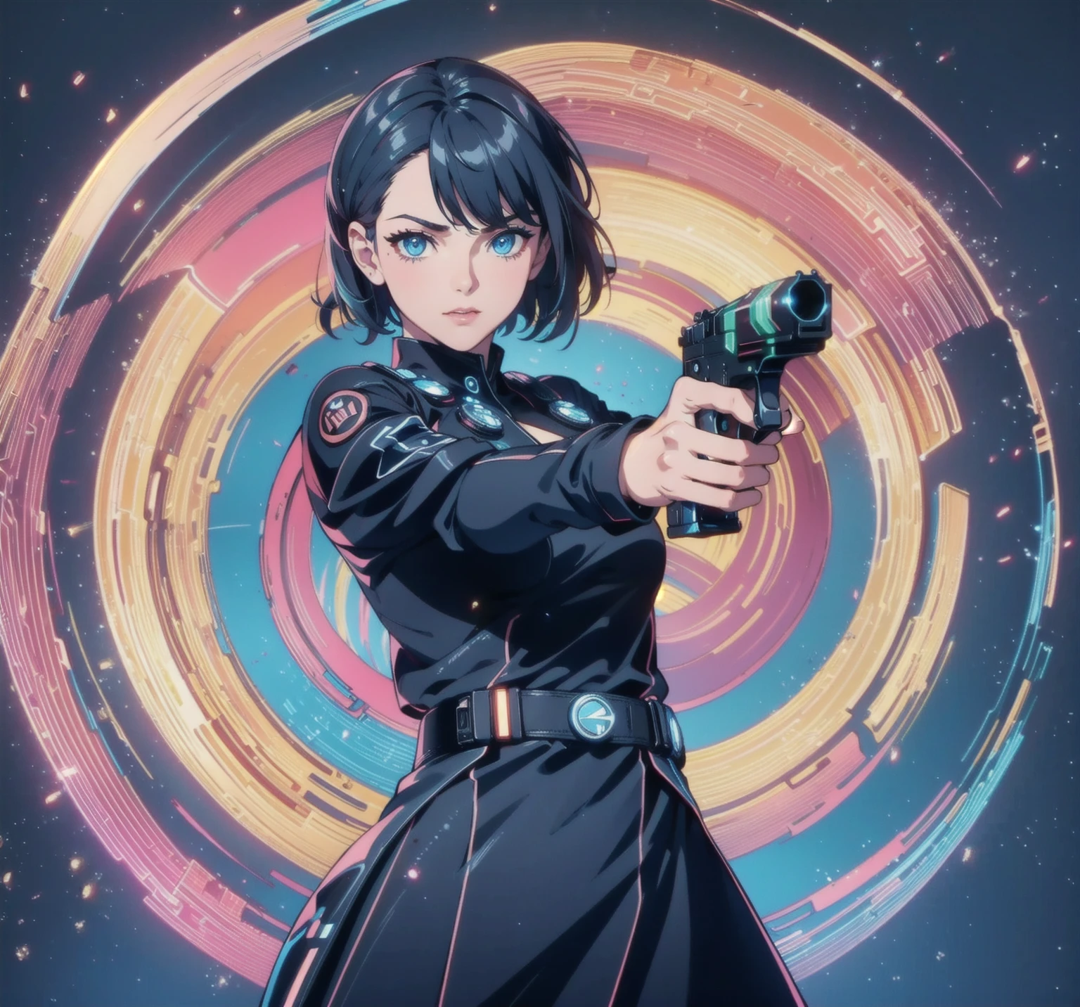 (Hold the gun., blue eyes , short skirt,raw photos, best quality, skill:1.2), (realistically, realistic:1.37),(,cute,professional lighting, Photon mapping, Tee, Physical rendering , cosplay, lucy \(cyberpunk\), ,, gray eyes, tight black suit, เมืองcyberpunk, black shorts, , neon light, sexy, smoke, looking up at the viewer,, High resolution in 8ก, 8ก, CG wallpaper, realistically, clear background, Medium bust, body,