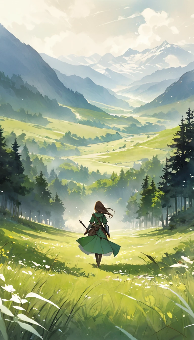 In a green meadow stands a girl leading a group of knights.
BREAK
With a brave expression, she guides them towards their destination.
BREAK
Behind her, a green forest stretches out and beyond that, mountains rise in the distance.
BREAK
The most suitable effect for this scene would be a watercolor painting technique to capture the softness of the meadow and the fluidity of the movement.