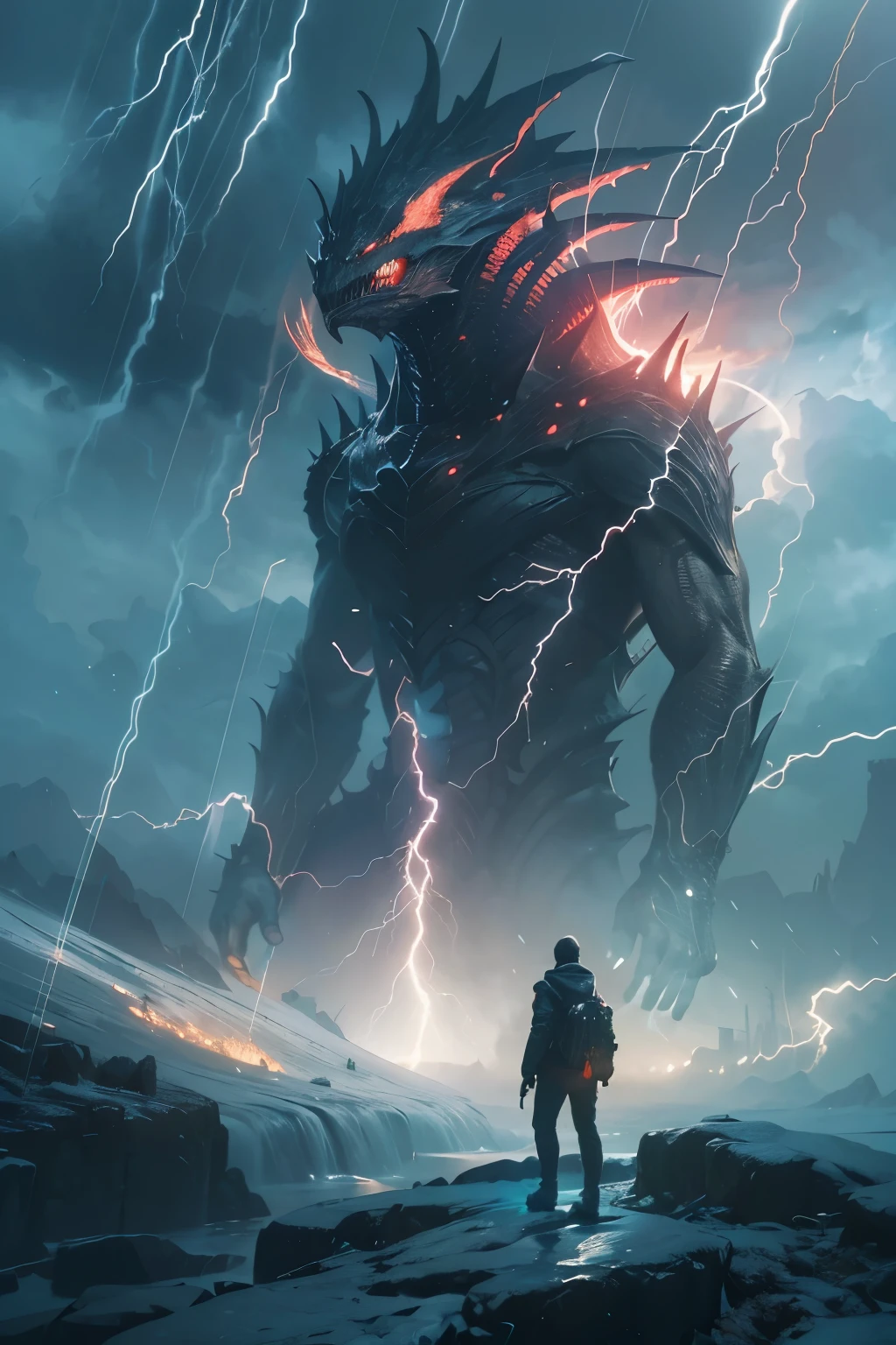 A very detailed painting, ice world, Depicts a man have a weapon on a hill gazing at a giant alien monster lightning rain breath, author:Shinkai Makoto, By Art Jem, From Wlop, author:Greg Rutkowski, Volumetric Lighting, Octane Rendering, 4K resolution, Popular on artstation, masterpiece ,flame magic
