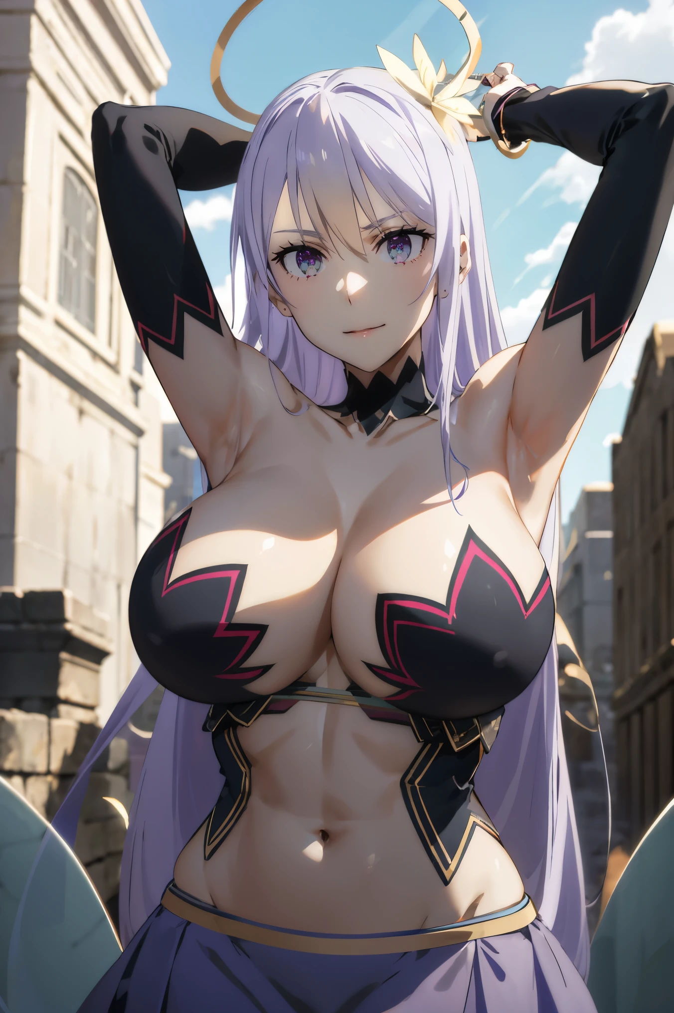 masterpiece, ((royal dressed)), ((wing)), halo, (best quality), (solo), 1girl, reona, silver hair, purple hair , (long skirt), long hair, hands up, hands on back headpurple eyes, y woman, hair between eyes, hair ornament, vibrant colors , natural lighting, RTX, (huge tit(detailed face:1.2), (perfect eyes:1.1) ,(photorealistic:1.1), 8k uhd, looking a viewer, outdoors, simple backround, smile, (upper body), random pose, ((spreads legs), temple ruins, cleavag