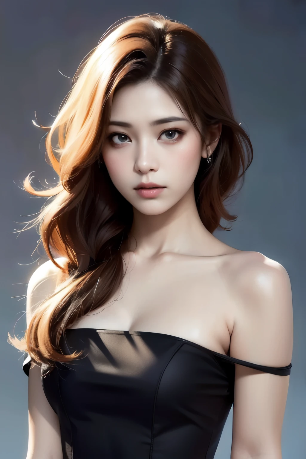 best quality, masterpiece, ultra high resolution, (photorealistic:1.4), RAW photos,1 woman, alone, realistic, looking at viewer, upper body,simple background, black dress, off shoulder