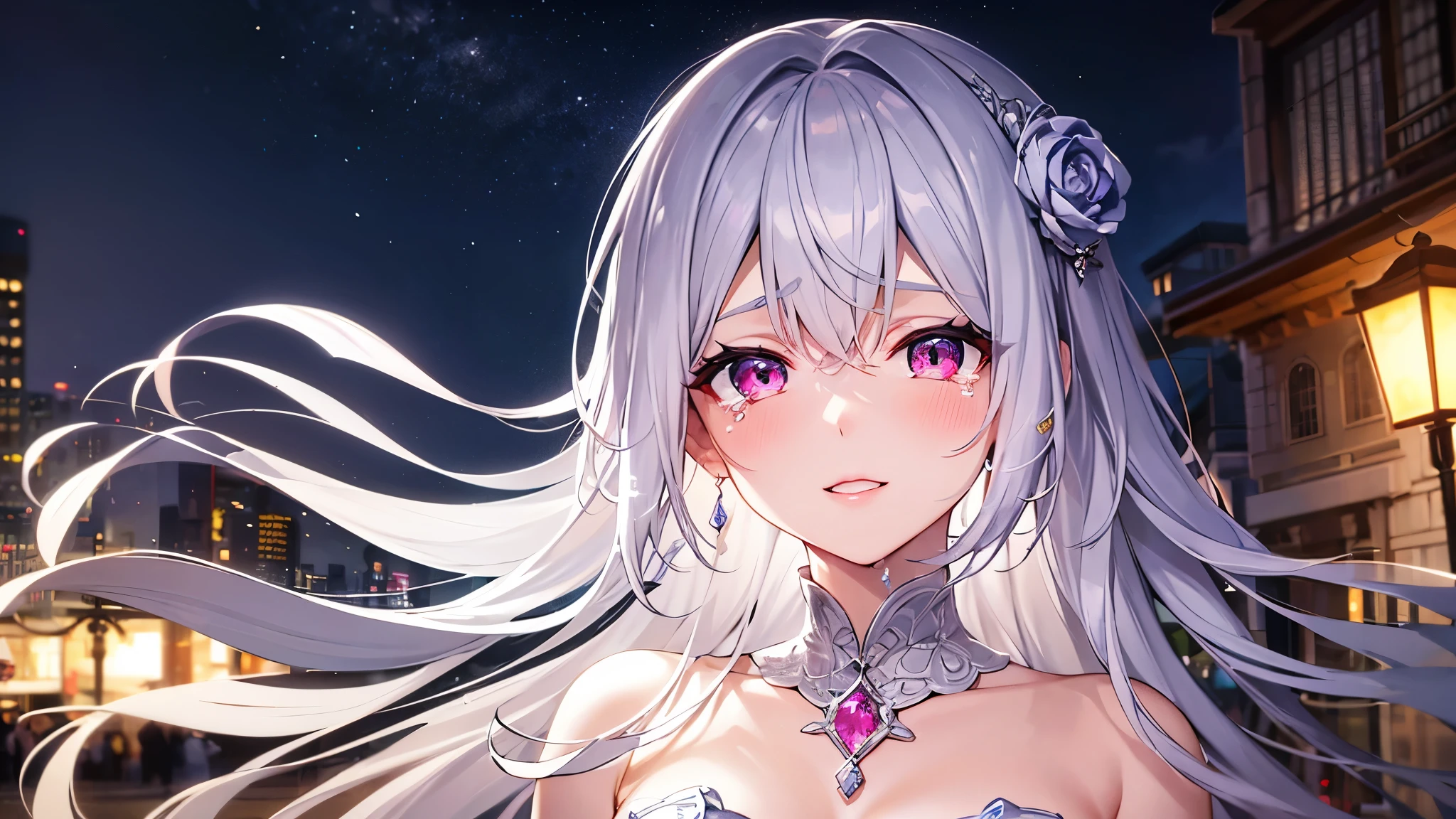 Highest quality, 8k, 4K, High resolution, High Contrast,1girl,only,Beautiful silver hair,(Beautifully detailed face), Clear pink eyes, beautiful eyes, Tears of joy, Moderate bust, ２０generation, Diamond Rings, Beautiful Gems, White and silver based, Precise and beautiful scenery, Night Street Corner, Private Server