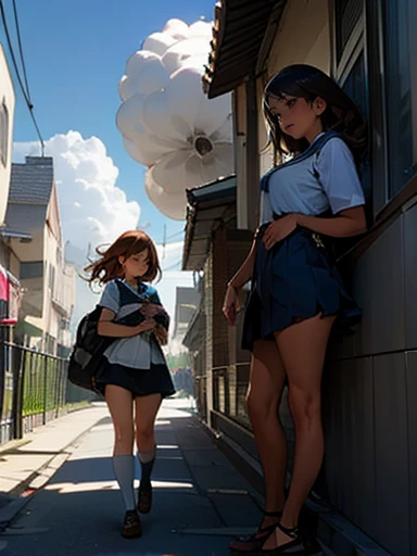 45 year old mother wearing summer dress plus 16 year old daughter in school girl outfit. windy day skirts blowing up to reveal panties