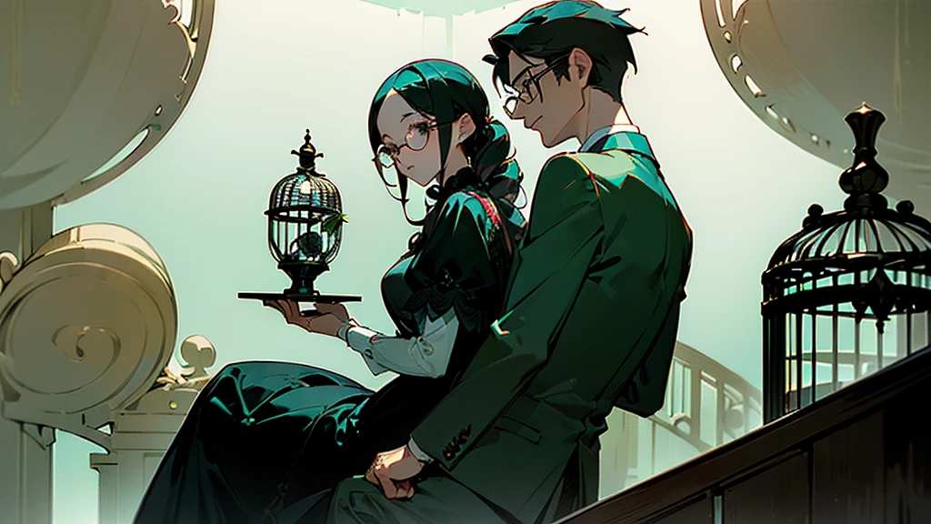 (((masterpiece,Highest quality))),((A man and woman wearing glasses sitting back to back and trapped in a large birdcage))),((Wears stylish, thick-framed glasses)),((Gloomy Background)),high quality)