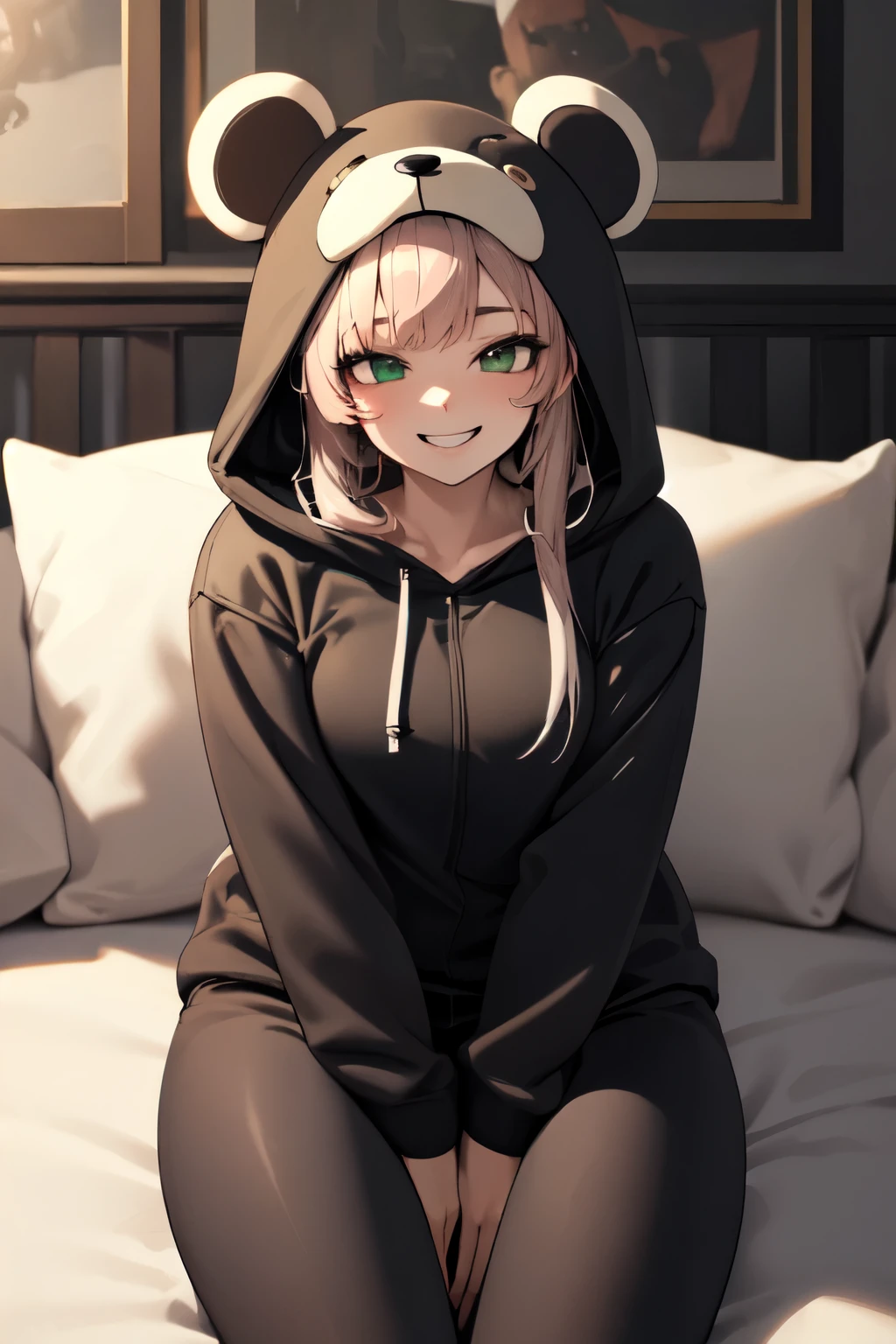 Nice, (​masterpiece), best quality, (extremely detailed face), extremely detailed eyes,  perfect lightning, Total detail, detailed, deep skin,textured skin,
,Bear costume ,black Bear costume, long sleeve, Hood up,,Malve , Long hair, green eyes, big smile,on bed ,sit between cushions,
,