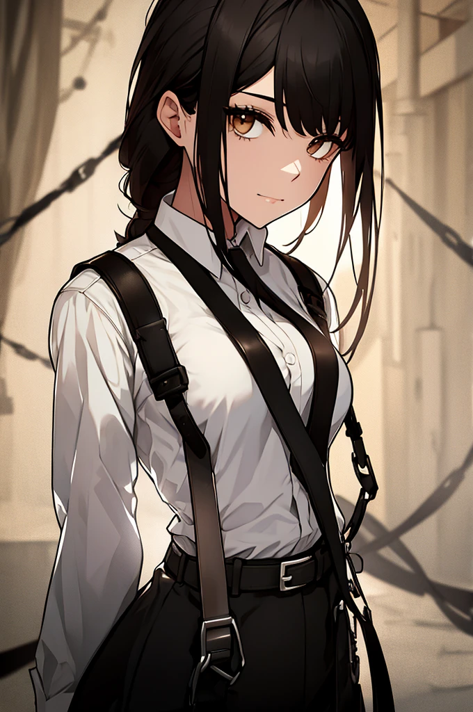a belt　　　　　suspenders　　Black miniskirt　neck tie　White cutter shirt　　　　Black stockings　　　　Brown hair　poneyTail　Gray eyes　　holster　bobby　Garter belt on the legs gloomy look　Behind　srestrained　BDSM