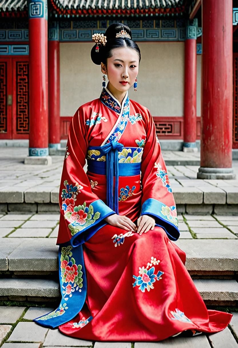 A woman seen from the front, sitting facing forward with her legs apart. A 20-year-old Qing dynasty empress in the Chinese imperial court during the Qing dynasty. The empress is wearing a red Manchu outfit with a floral pattern and is open at the front, revealing her chest, lower abdomen, thighs and feet.。She is wearing no underwear, and her large breasts are exposed, right down to her bare stomach. Her hair is tied up and pulled up, and the background is the stone pavement of the Chinese palace of the Qing Dynasty.