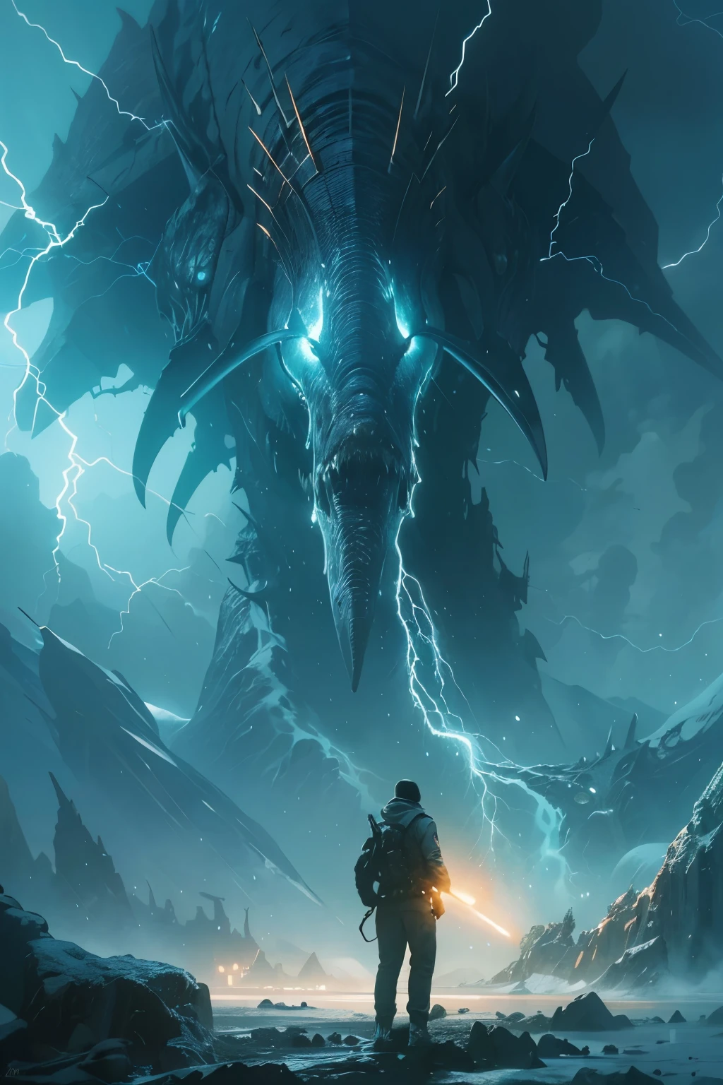 A highly detailed matte painting of a man on a hill watching a giant, terrifying monster and, by Makoto Shinkai, by Artgerm, by WLOP, by Greg Rutkowski, volumetric lighting, octane rendering, 4K resolution, trend in ArtStation, Masterpiece --auto --s2
