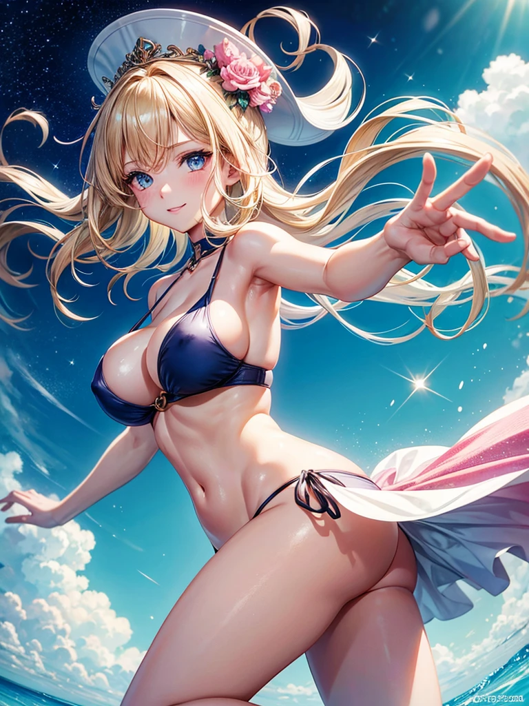 Anime style, super fine illustration, highly detailed, beautiful detailed, pale tone image, simple Sensual posing Portrait, static representation, gentle expression, 8k, Dynamic angle from behind, pretty 1girl with blonde straight short hair & blue eyes & a bright smile & huge breasts & pink nipples & soft fair skin is wearing the swimsuit on the caribbean beach, brilliant particles of lights, romantic stories, solo, perfect 5fingers, perfect arms, perfect legs, masterpiece.