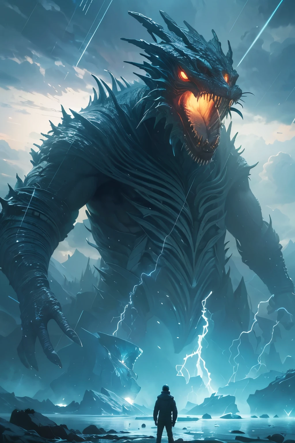 A very detailed painting, ice world, Depicts a man have a weapon on a hill gazing at a giant alien monster lightning rain breath, author:Shinkai Makoto, By Art Jem, From Wlop, author:Greg Rutkowski, Volumetric Lighting, Octane Rendering, 4K resolution, Popular on artstation, masterpiece ,flame magic,
Meteor shower