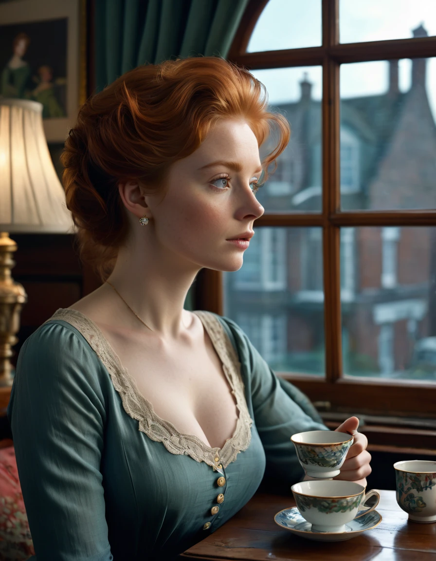 (masterpiece.Uhd.photorealistic) an exhausted middle-class redhead female worker [Elizabeth II:Maude Adams:0.45] in her small living room rent flat, inspired by the Don Lawrence style. She’s looking out of the window, lost in her thoughts, while holding a cup of tea . BREAK Perfect anatomy. perfect hair. perfect breast. perfect body. perfect hands. perfect face. perfect eyes. accurate. Perfect nipples. anatomically correct.