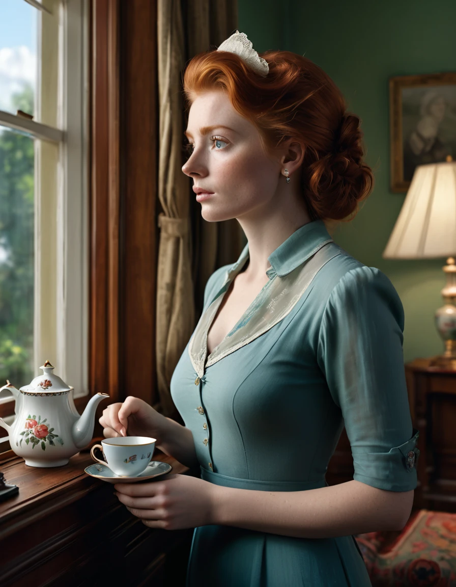 (masterpiece.Uhd.photorealistic) an exhausted middle-class redhead female worker [Elizabeth II:Maude Adams:0.45] in her small living room rent flat, inspired by the Don Lawrence style. She’s looking out of the window, lost in her thoughts, while holding a cup of tea . BREAK Perfect anatomy. perfect hair. perfect breast. perfect body. perfect hands. perfect face. perfect eyes. accurate. Perfect nipples. anatomically correct.