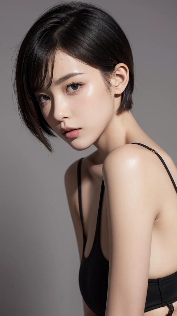 1girl, solo, simple background, short hair, from side