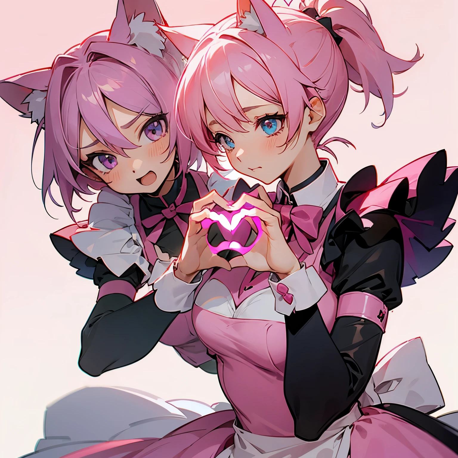 Anime female,pink hair,Single ponytail tied on the right side,cat ear,maid outfit,shy,Hands making a heart,Eyes pink