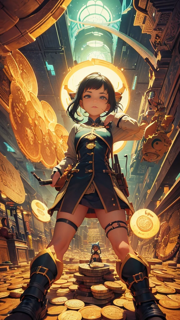 there is a cartoon girl that is standing in front of a bunch of coins, inspired by Ivan Generalić, by Ivan Generalić, Artstation, by Ni Yuanlu, artstation hq”, beeple and jeremiah ketner, 3 d epic illustrations, world boss kitten, in style of wlop, in style of beeple