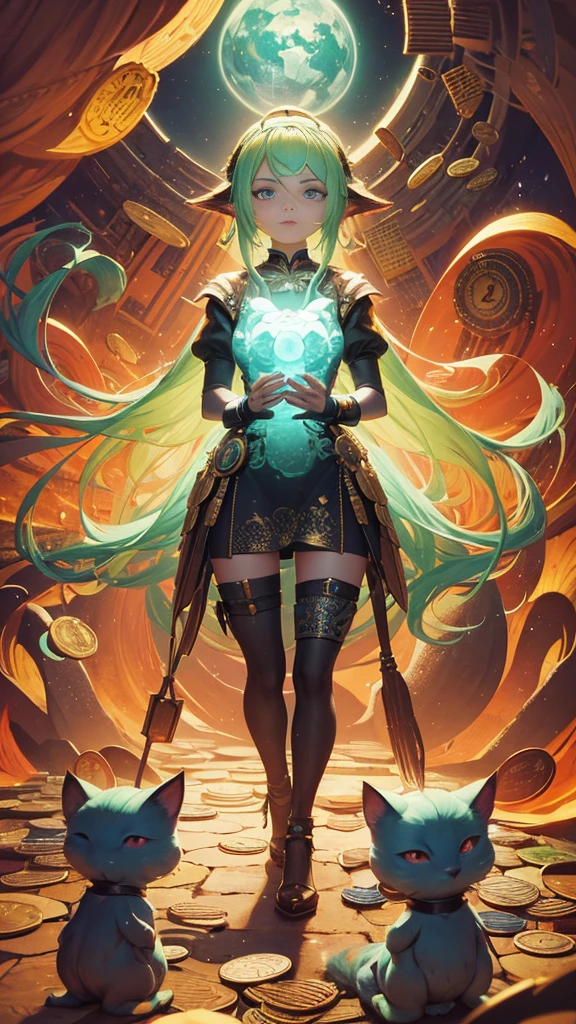 there is a cartoon girl that is standing in front of a bunch of coins, inspired by Ivan Generalić, by Ivan Generalić, Artstation, by Ni Yuanlu, artstation hq”, beeple and jeremiah ketner, 3 d epic illustrations, world boss kitten, in style of wlop, in style of beeple